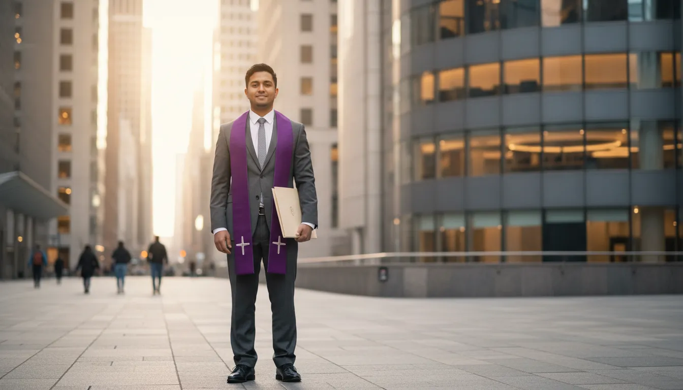 A newly ordained minister standing confidently in front of a bright New York City building.