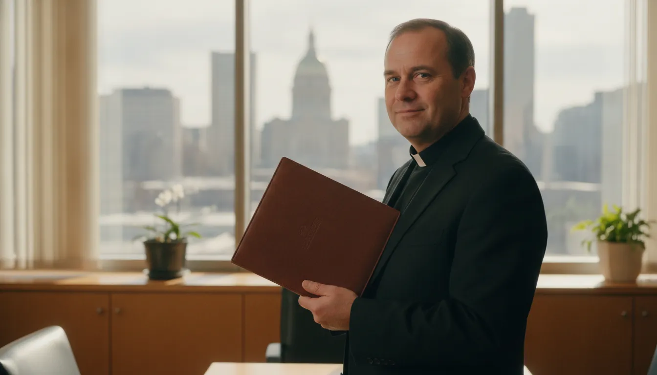 A newly ordained minister holding a leather credential folio with a city skyline visible through an office window