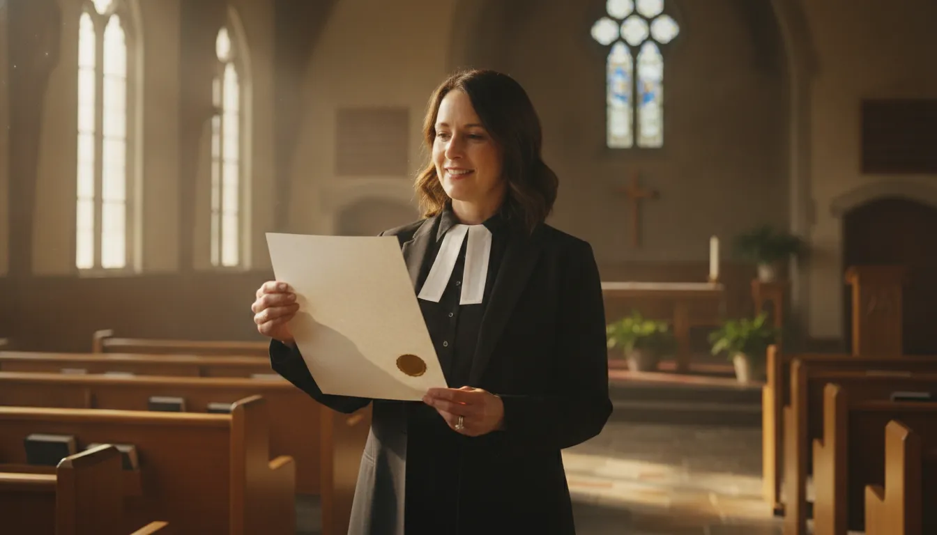 A newly ordained minister holding ordination credentials in a sunlit community chapel