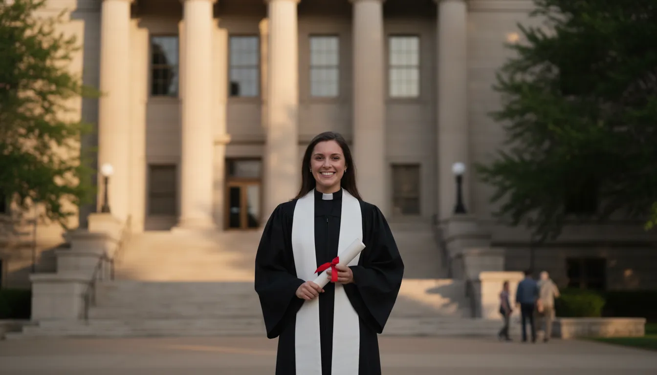Newly ordained minister outside a courthouse in Columbus, Ohio holding ordination credentials