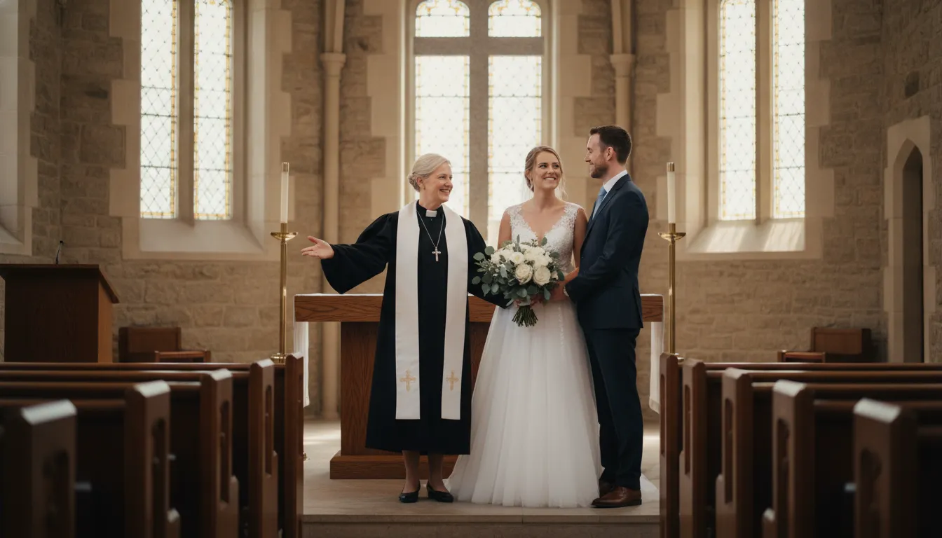 Newly ordained officiant greeting a wedding couple at the altar in a bright chapel