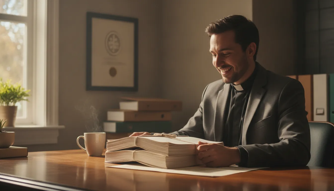 Newly ordained officiant reviewing ordination documentation in a bright office