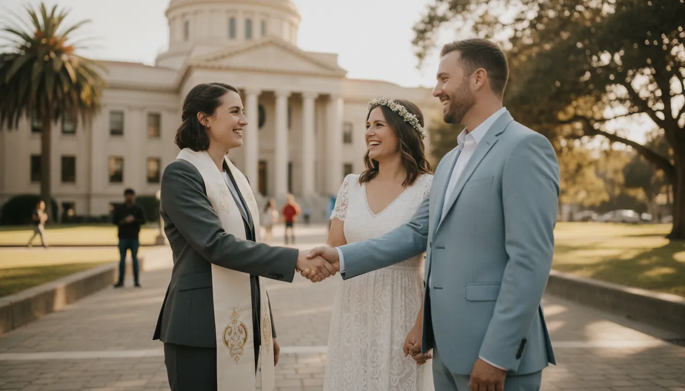 Newly ordained minister greeting a couple outside a Sacramento courthouse