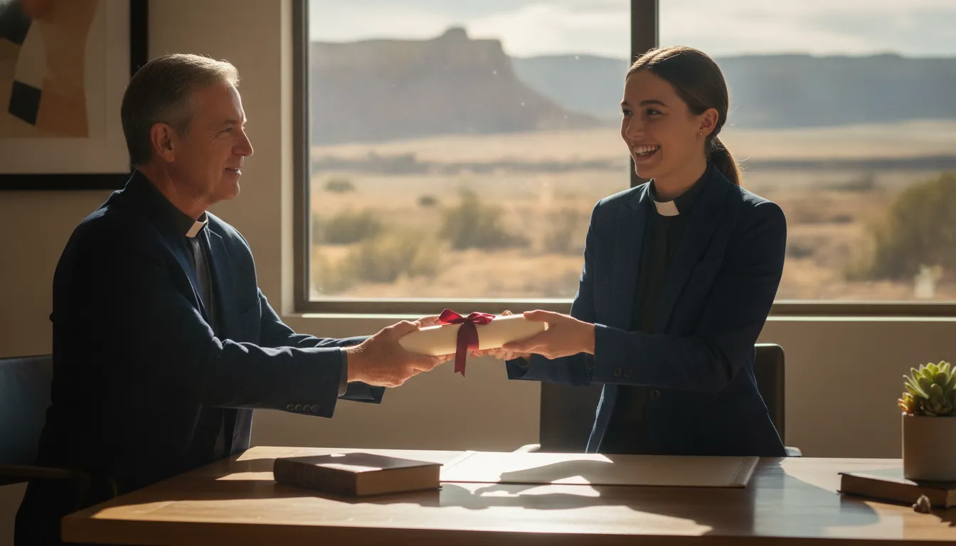 Newly ordained minister receiving credentials in a bright office with New Mexico landscape visible through the window
