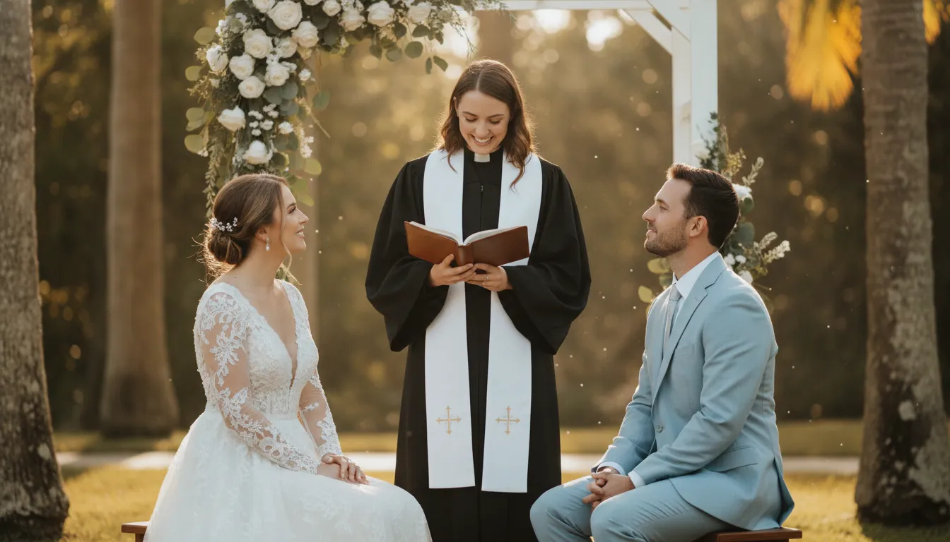 Newly ordained minister standing before a wedding couple at an outdoor ceremony in Florida