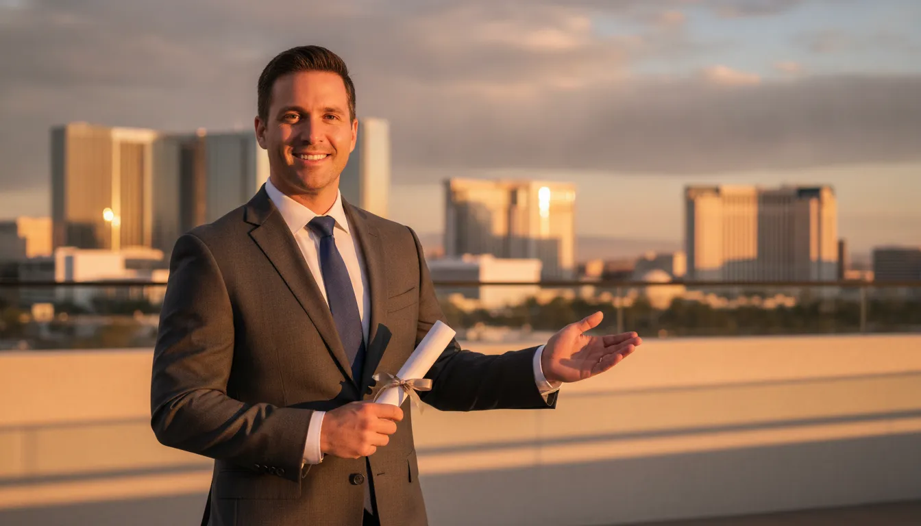 newly ordained minister holding credentials near the Las Vegas skyline