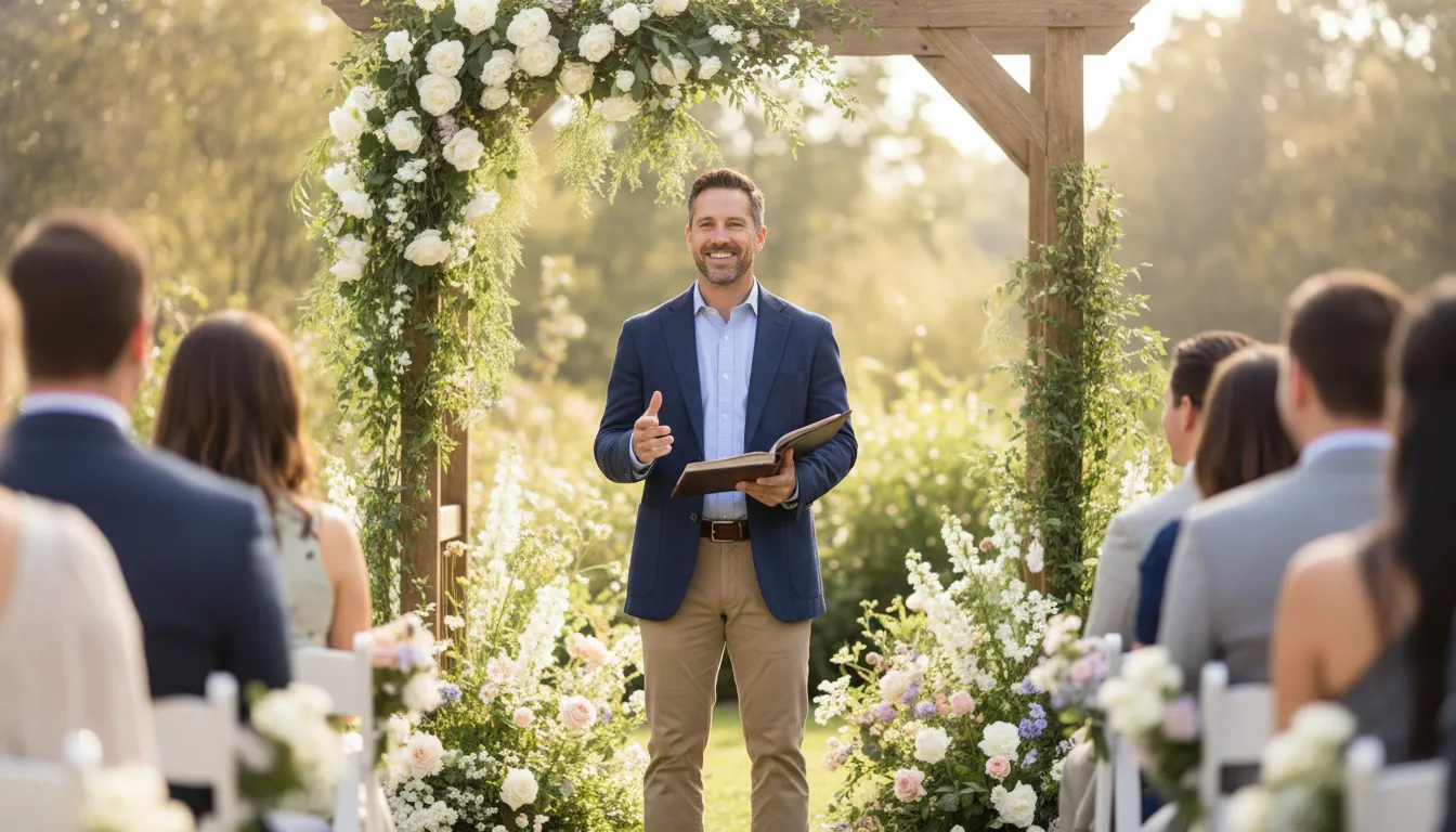 Newly ordained minister speaking warmly to a small outdoor wedding gathering beneath a garden arch