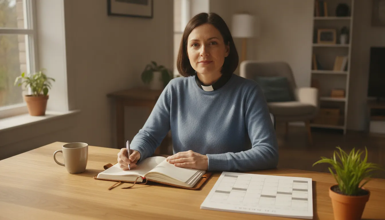 Newly ordained minister planning upcoming ceremonies with a notebook at home