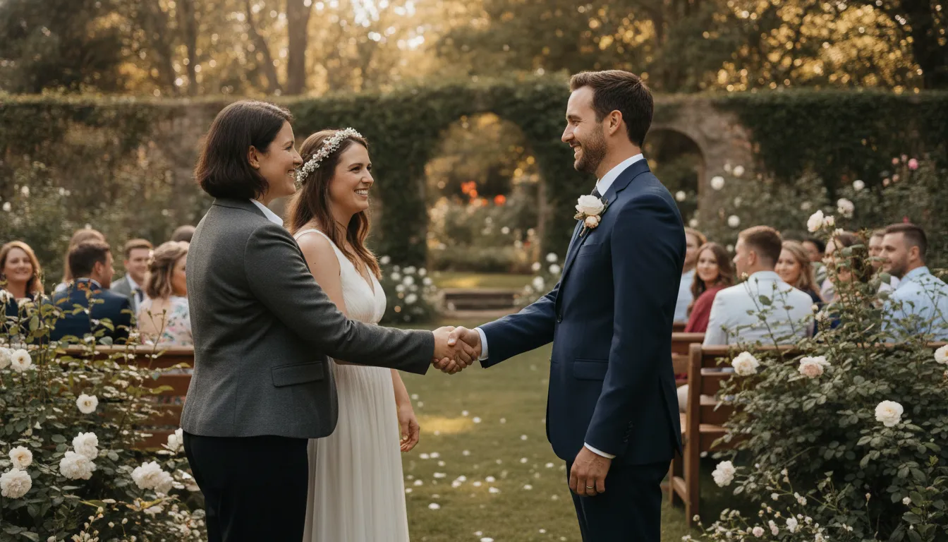 Newly ordained minister welcoming a couple at an outdoor wedding ceremony