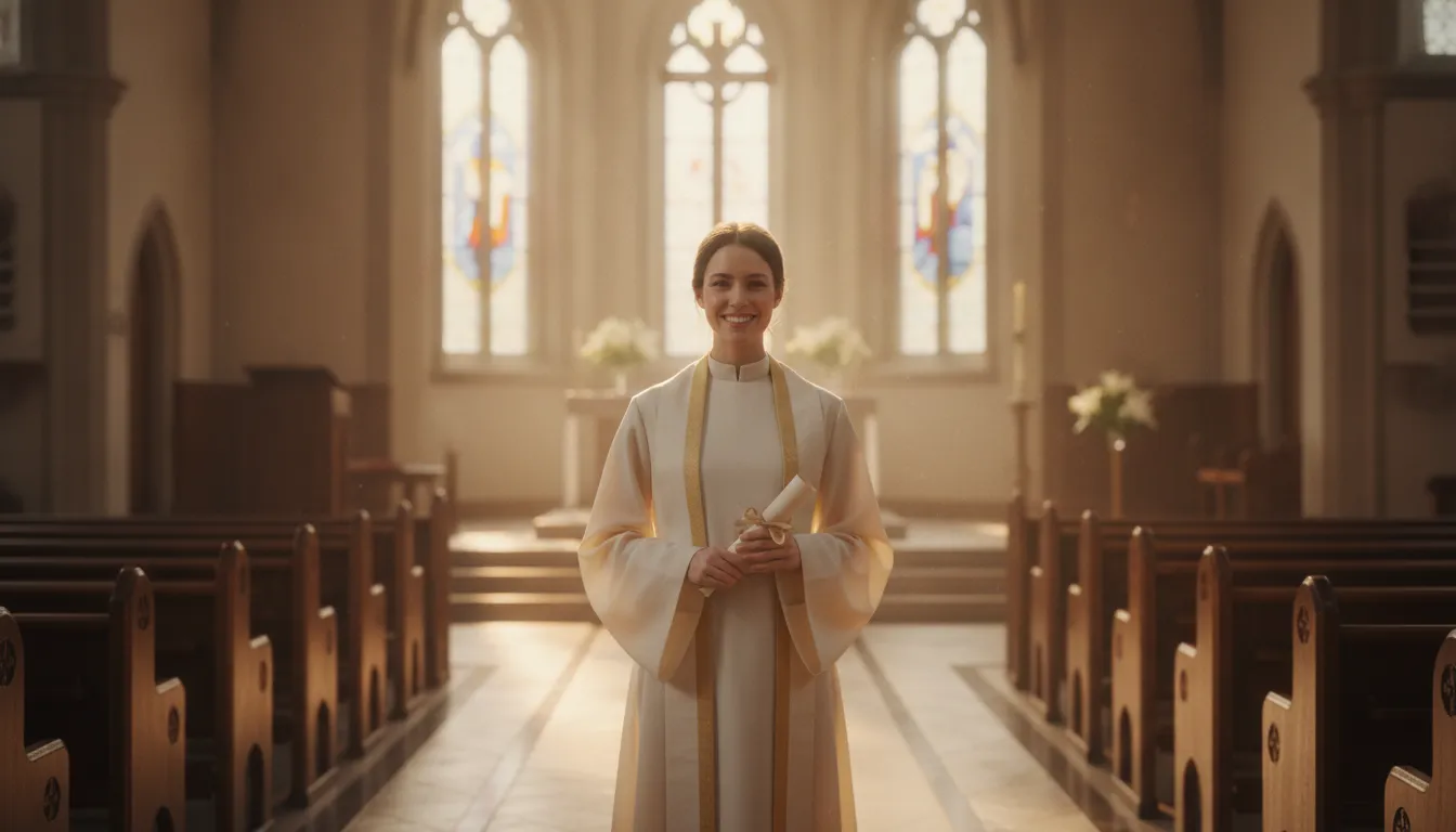Newly ordained minister standing in a bright church sanctuary holding an ordination certificate