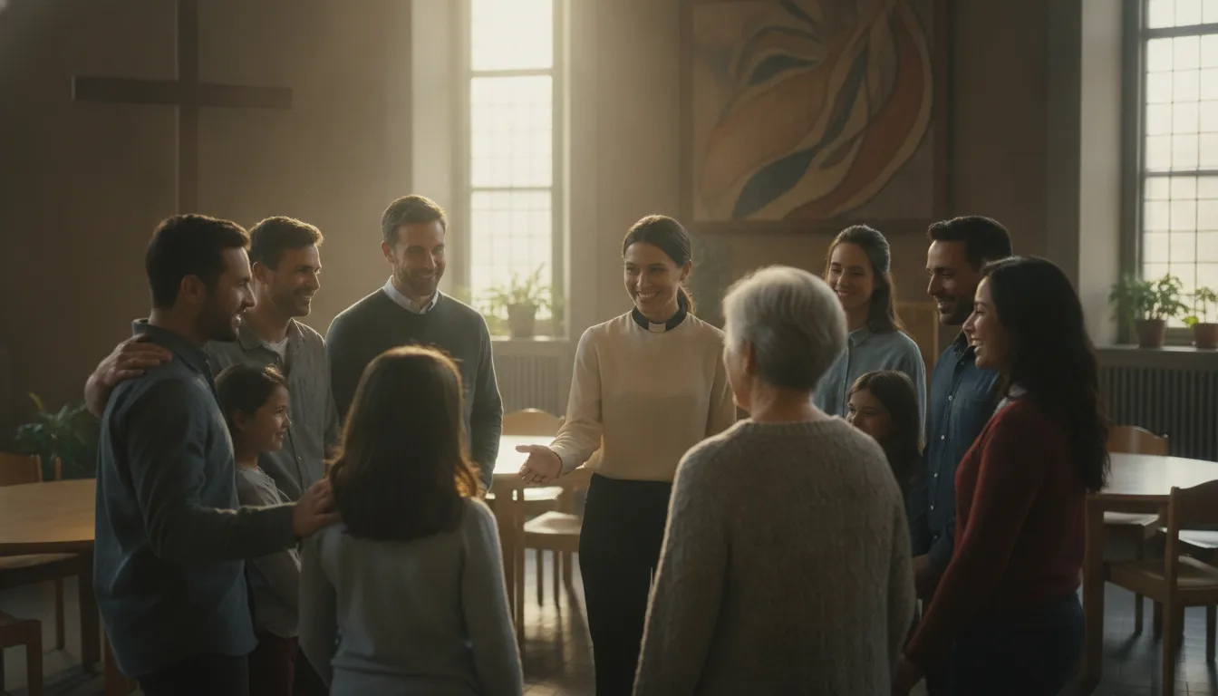 Newly ordained minister greeting a local community group in a bright parish hall