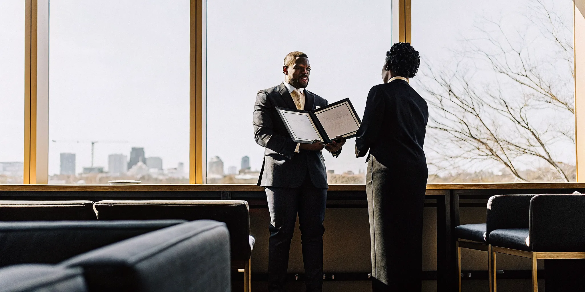 Newly ordained minister holding ordination credentials in a bright office with the Dallas skyline softly visible in the window