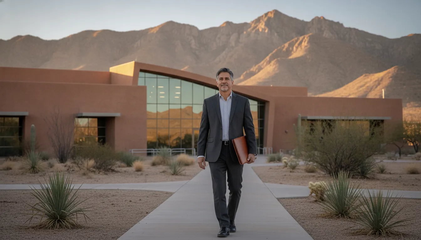 Prepared ordained minister walking toward a civic building in El Paso, Texas