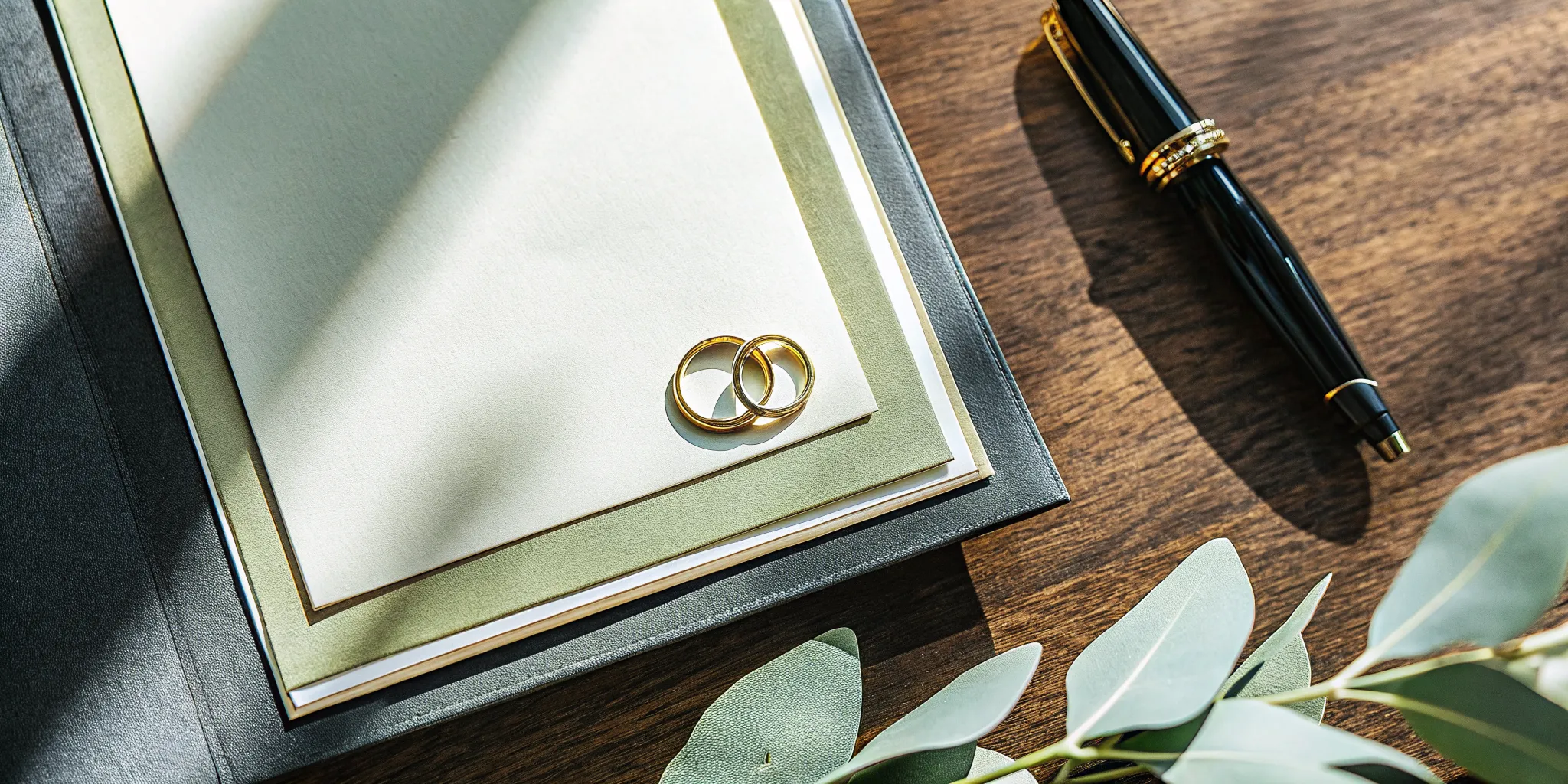 Wedding rings and a pen on a letter of good standing, a document needed to officiate a wedding.