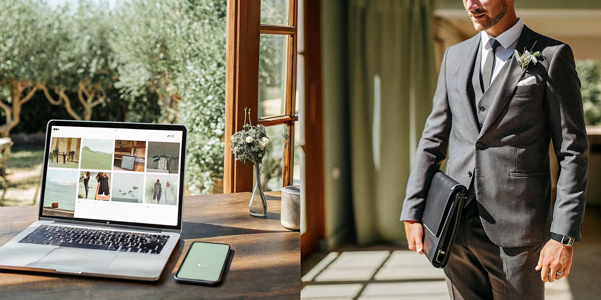 Wedding officiant in a suit using a laptop and portfolio to get booked for wedding gigs.