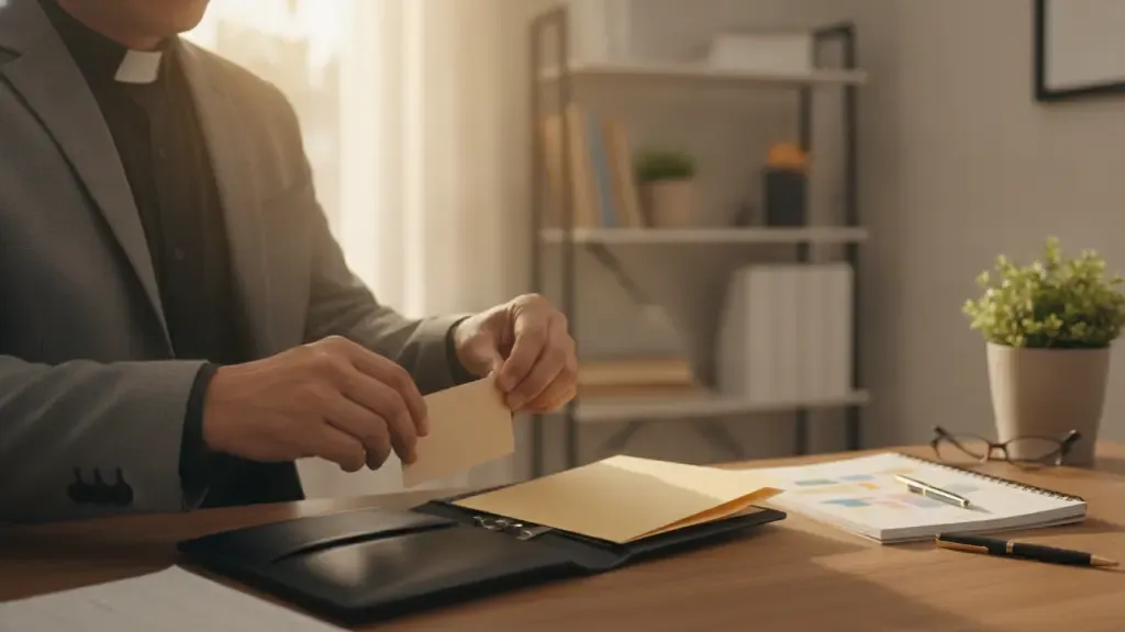 Ordained minister credentials being organized for a jurisdiction check