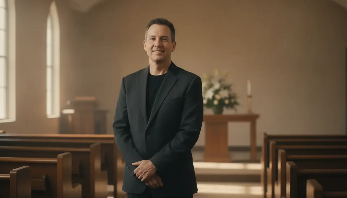 Funeral officiant standing in a quiet chapel prepared to serve