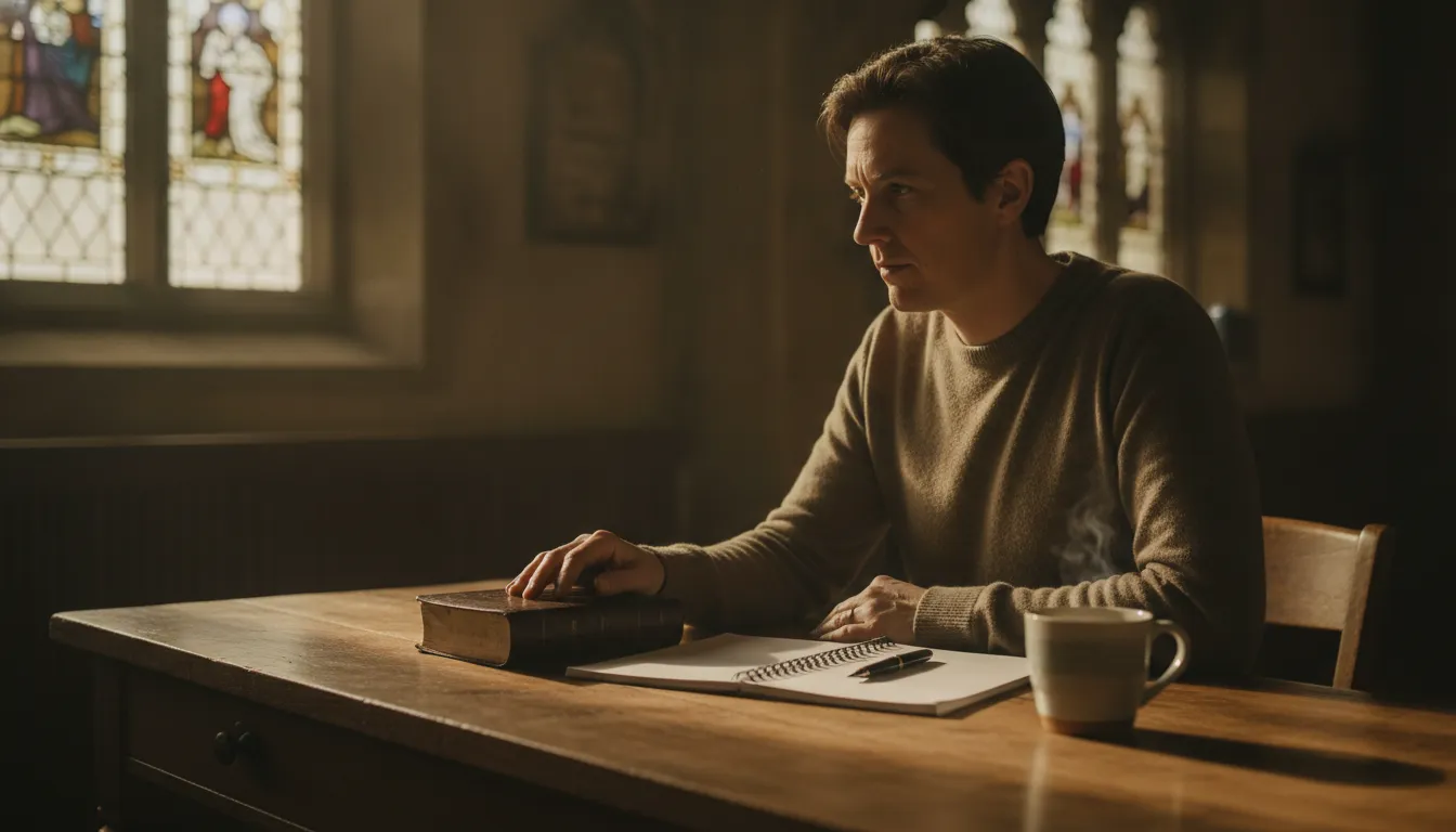 Adult preparing for ministry in a quiet study with a Bible and notebook