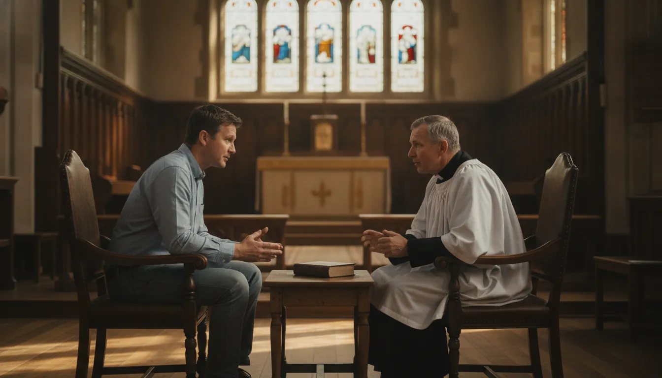 Ministry candidate discussing the ACNA ordination process with an Anglican priest