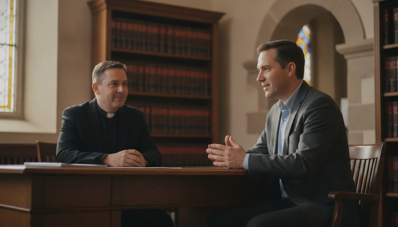 Ministry candidate discussing the Catholic ordination process with a priest