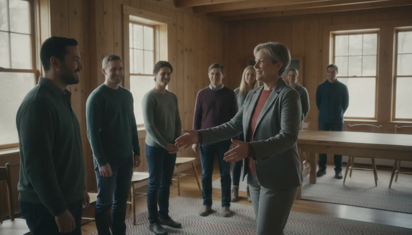Minister welcoming people in a Vermont community room