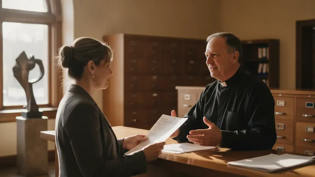 Ordained minister discussing South Dakota requirements with a records professional