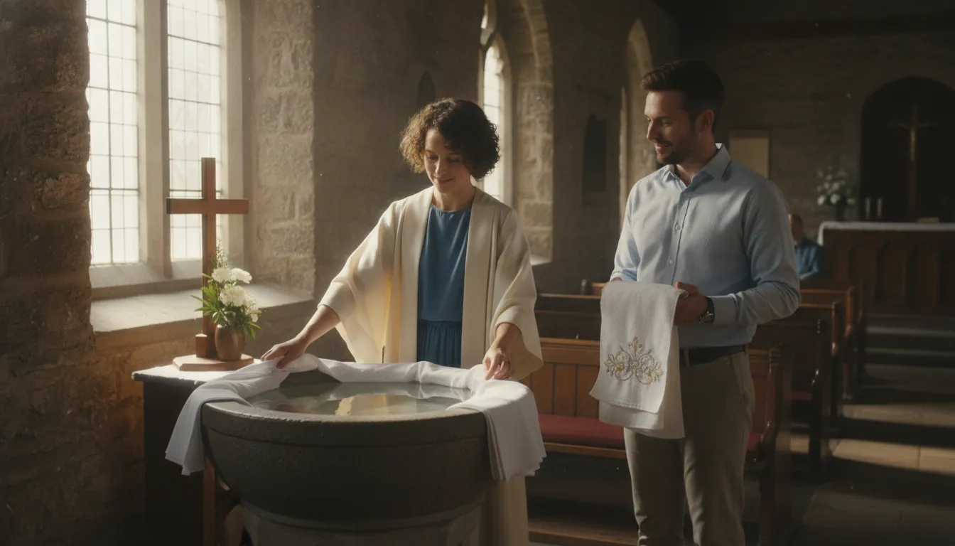 Minister preparing a baptism setting with an assistant