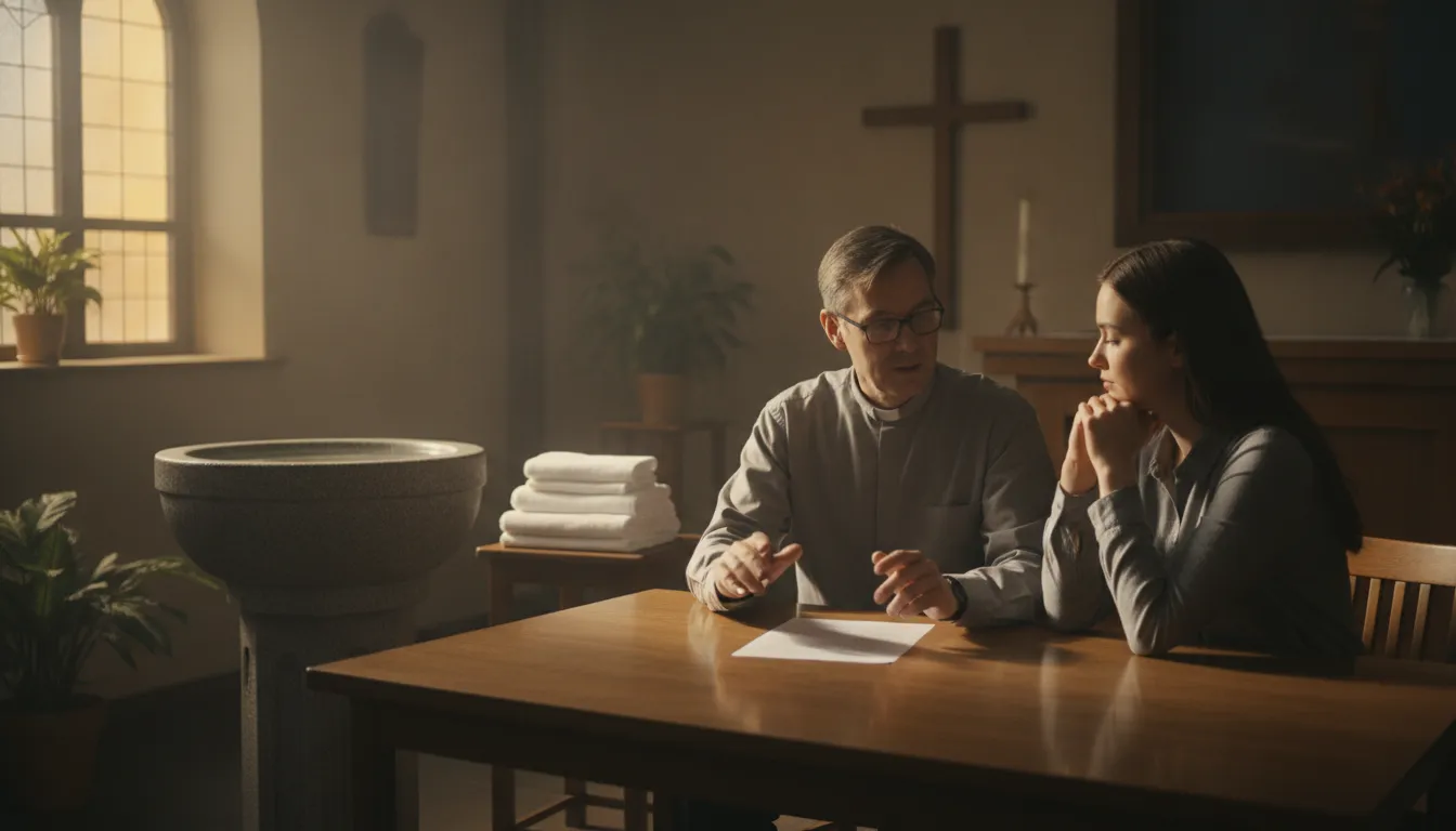 Minister and baptism participant preparing together in a church setting