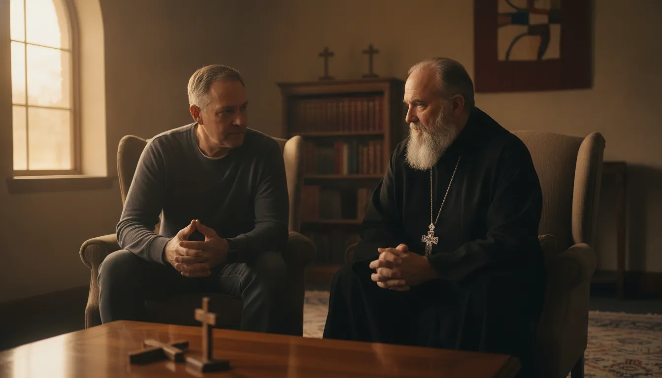 A prospective member speaking with a religious leader in a quiet church setting