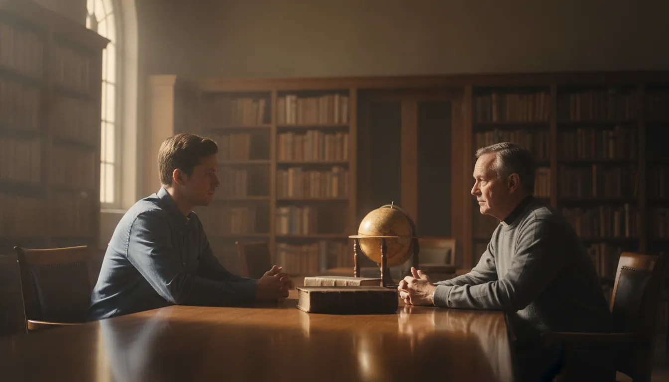 A Lutheran ministry candidate speaking with a pastor in a church library