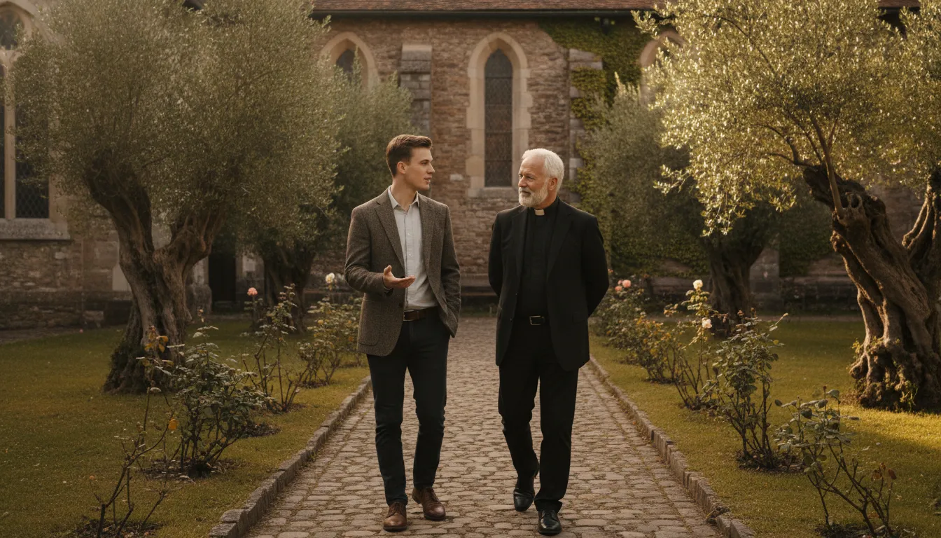 A seminary student and pastor discussing a ministry vocation in a church courtyard