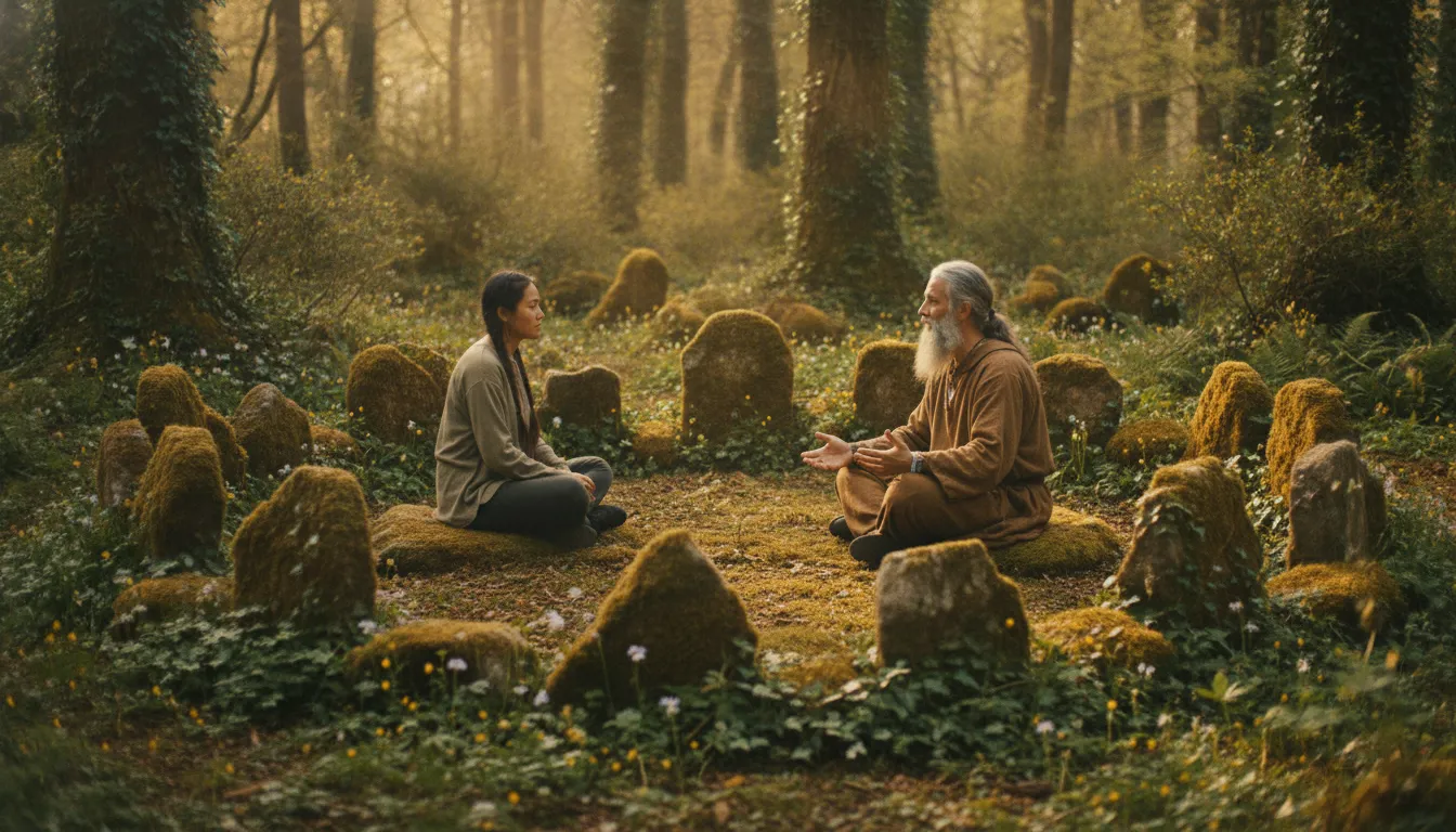 An ordained pagan minister speaking with a spiritual mentor in a woodland setting