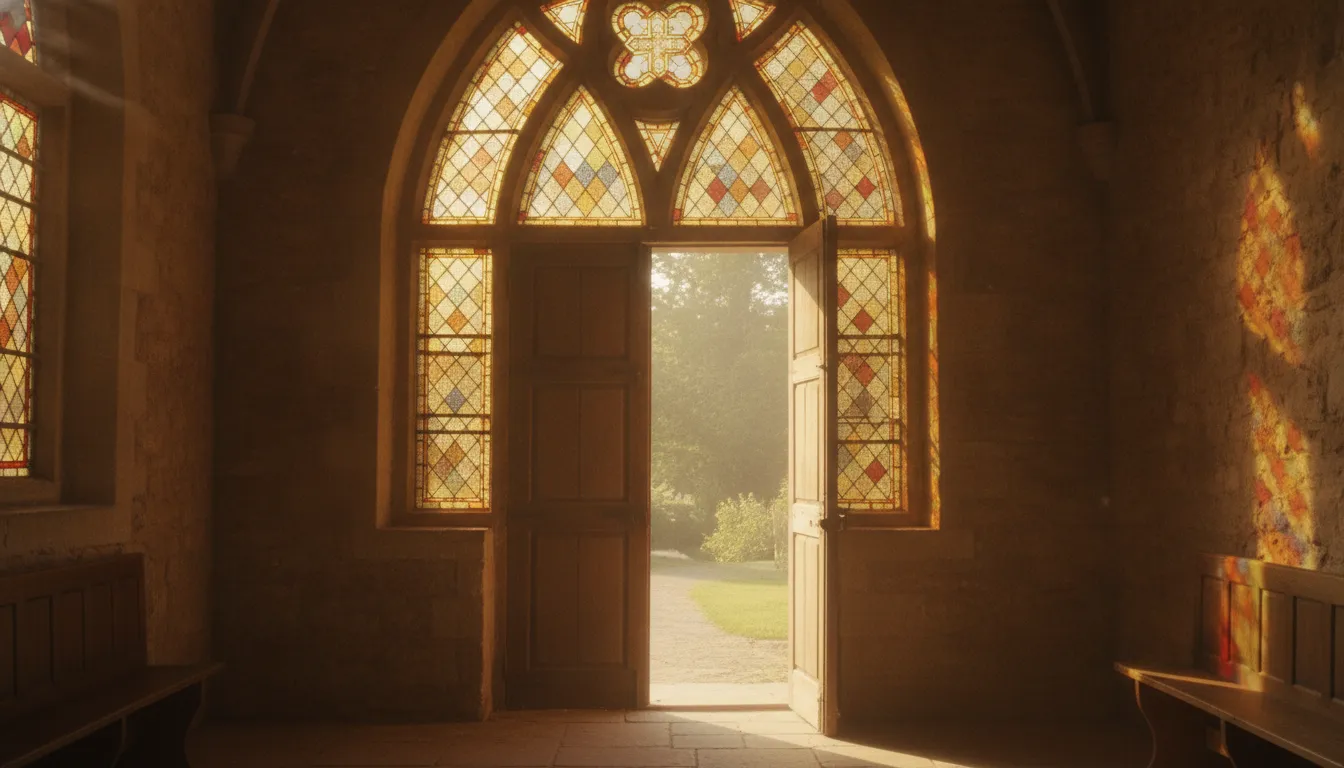 Warm sunlight streaming through stained glass windows onto an open wooden door inside a small chapel