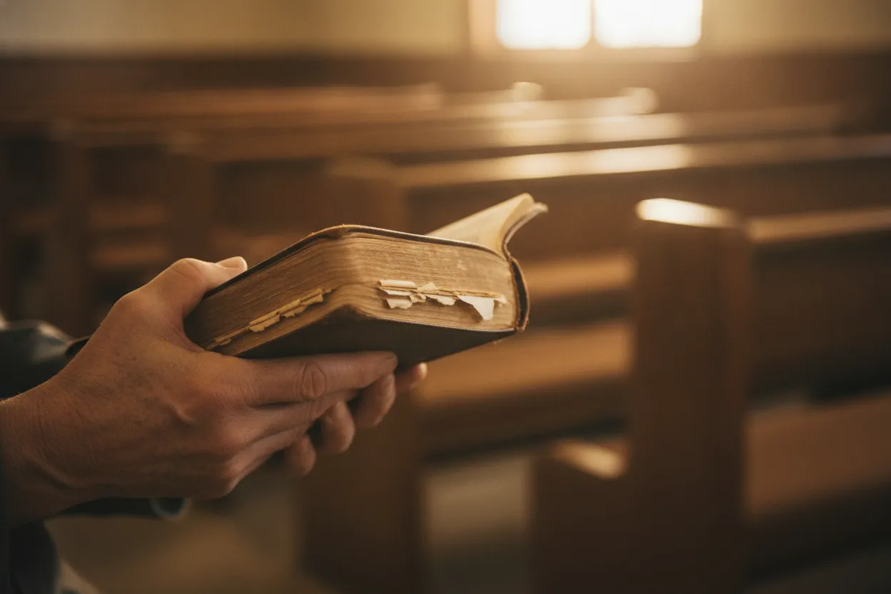 Hands holding a worn bible in warm chapel light with wooden pews in soft focus