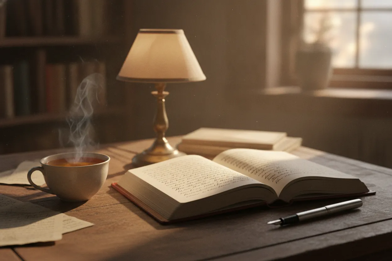 Open journal with a fountain pen and a cup of tea on a wooden desk in warm lamplight