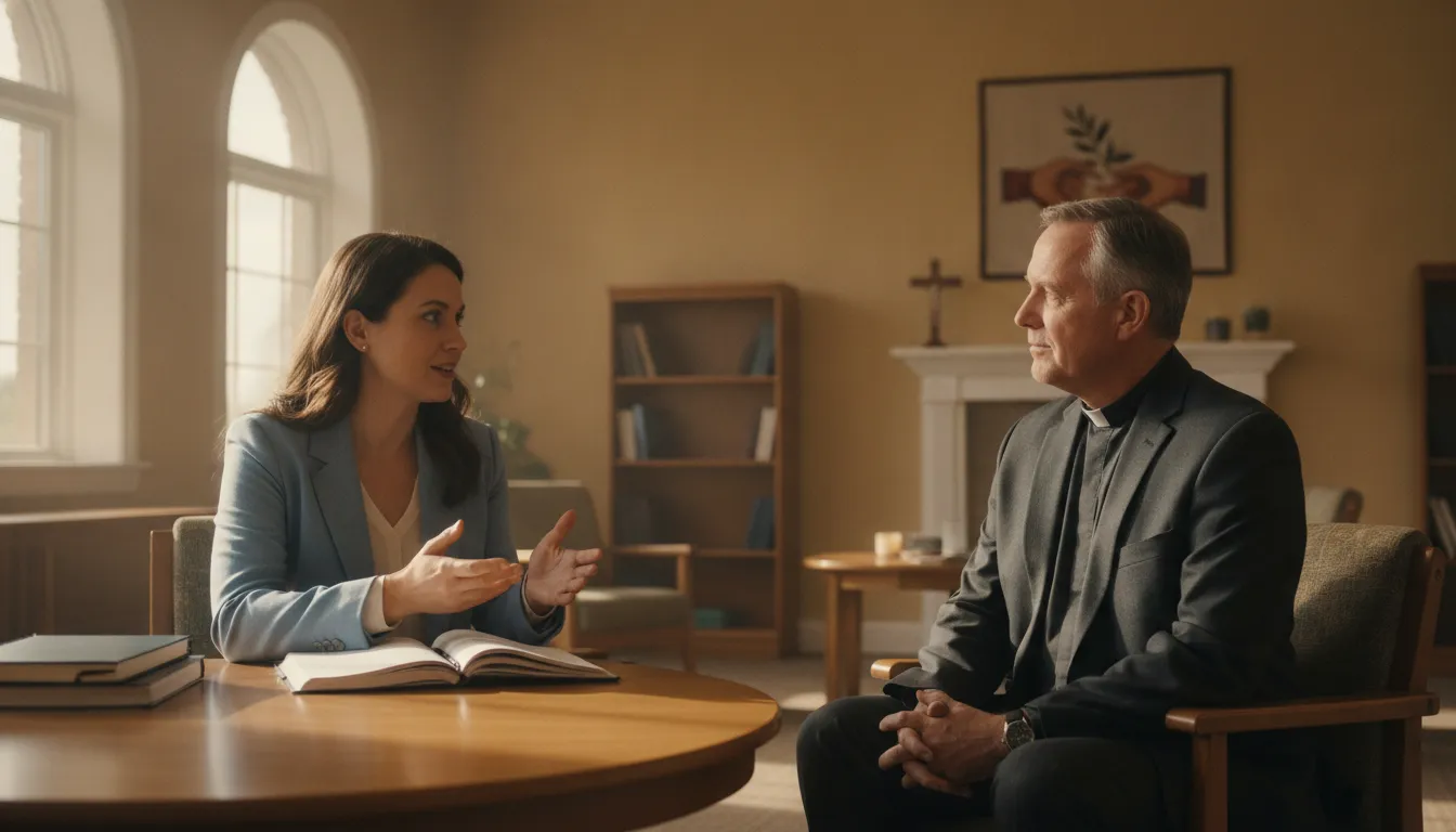Prospective minister discussing officiant responsibilities with an experienced minister