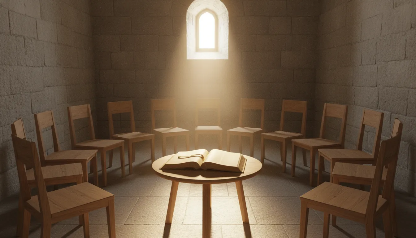 Chapel interior with simple wooden chairs arranged in a circle and warm light coming through a small high window