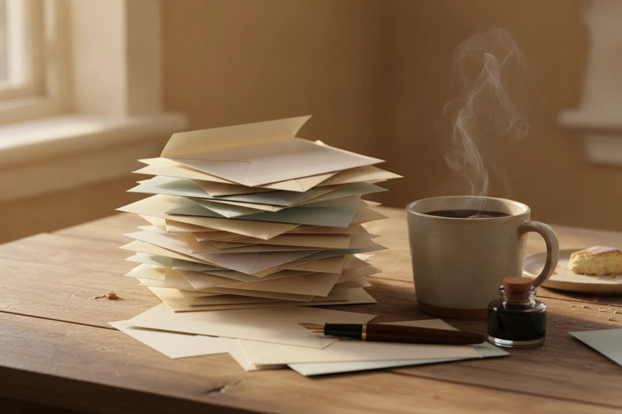 Stack of letters and envelopes beside a coffee mug on a wooden table in warm morning light
