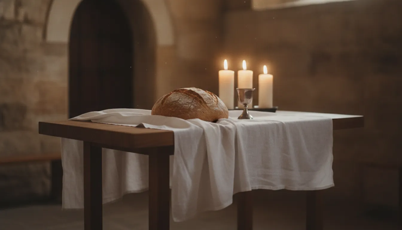 Communion table with a bread loaf, chalice, and white cloth lit by warm candlelight