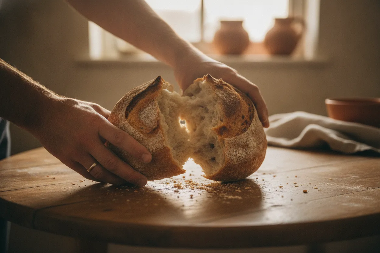 Hands breaking a round loaf of bread over a small wooden table in soft warm light