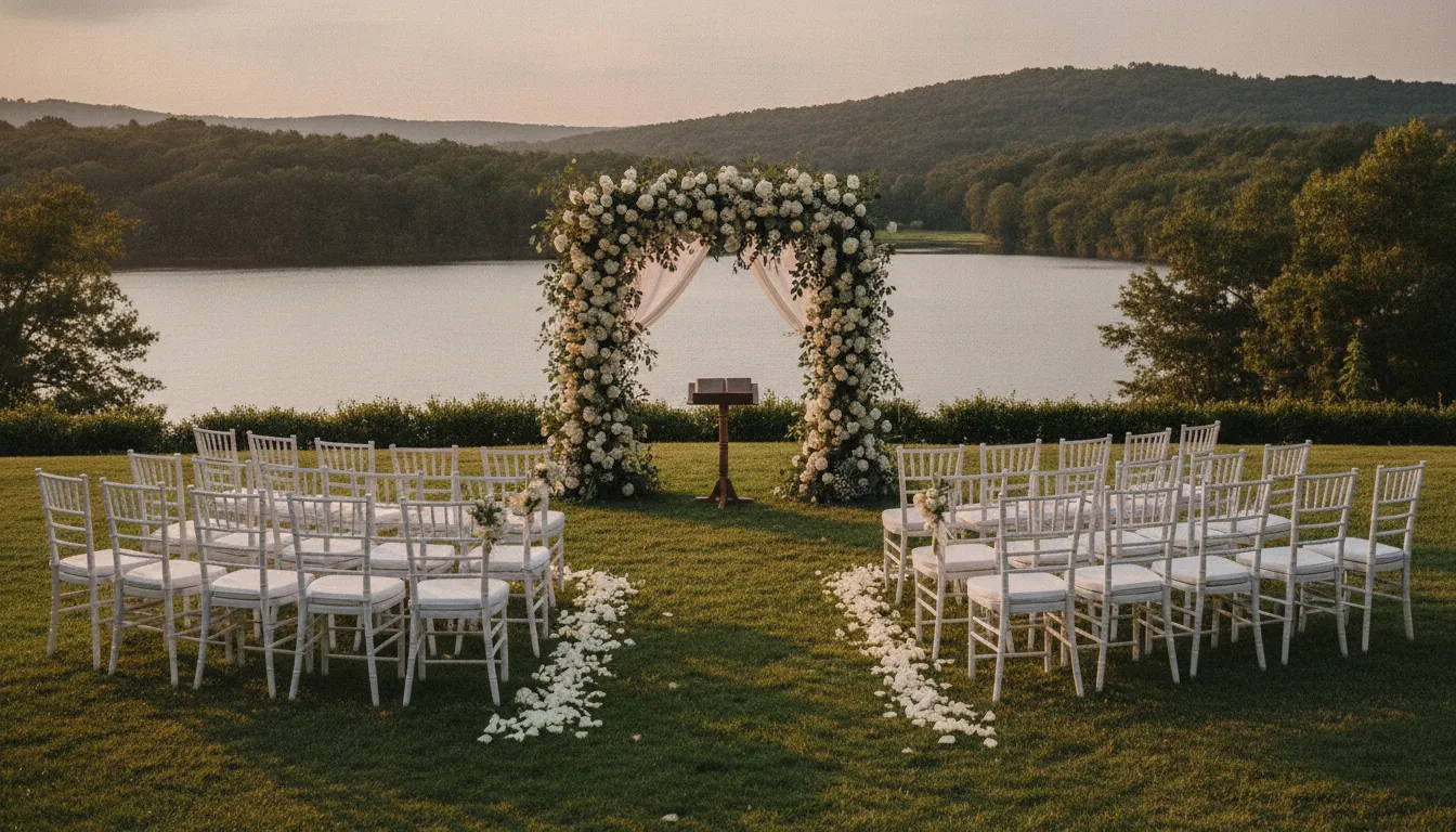 Elegant outdoor wedding ceremony setup with white chairs, a floral arch, and an officiant stand in soft evening light