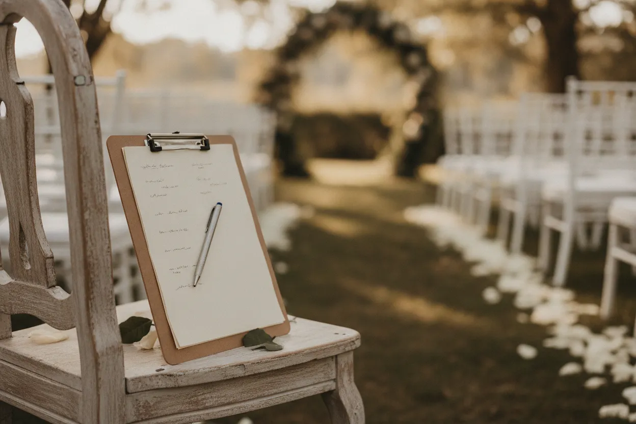 Wedding officiant clipboard with ceremony papers and a pen on a wooden chair beside an outdoor ceremony aisle