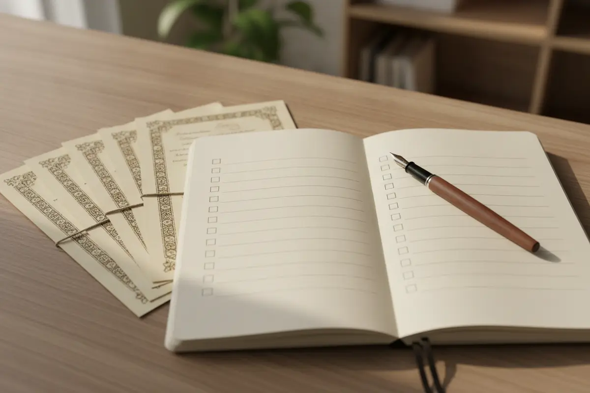 Notebook checklist beside ordination papers for an Iowa minister