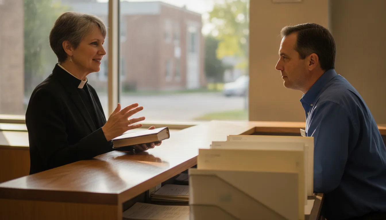 Michigan minister organizing ordination credentials and marriage records in a secure folder