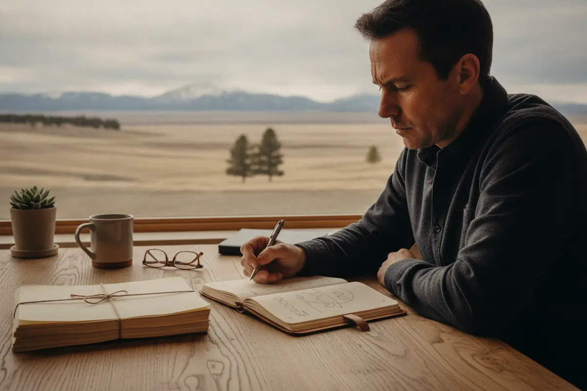 A person reviews ordination materials while looking out at a Wyoming landscape