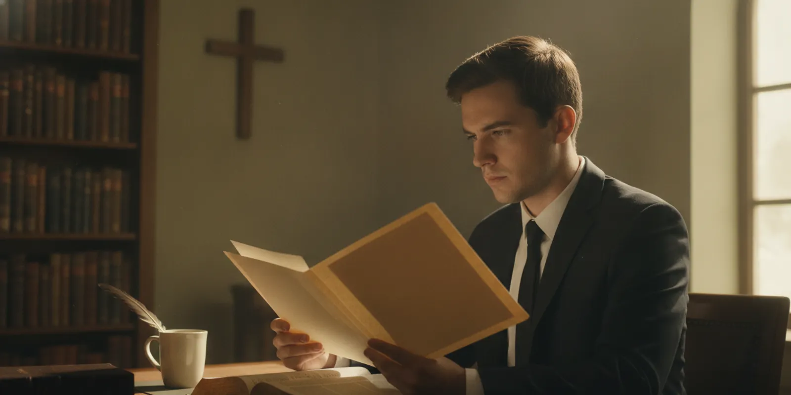 A minister reviewing ordination documents and study notes at a desk