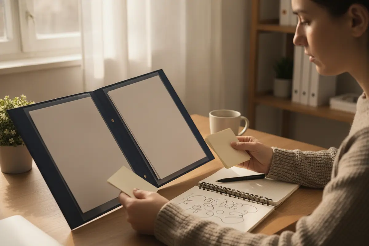A person comparing ministry credential documents and a notebook at a desk