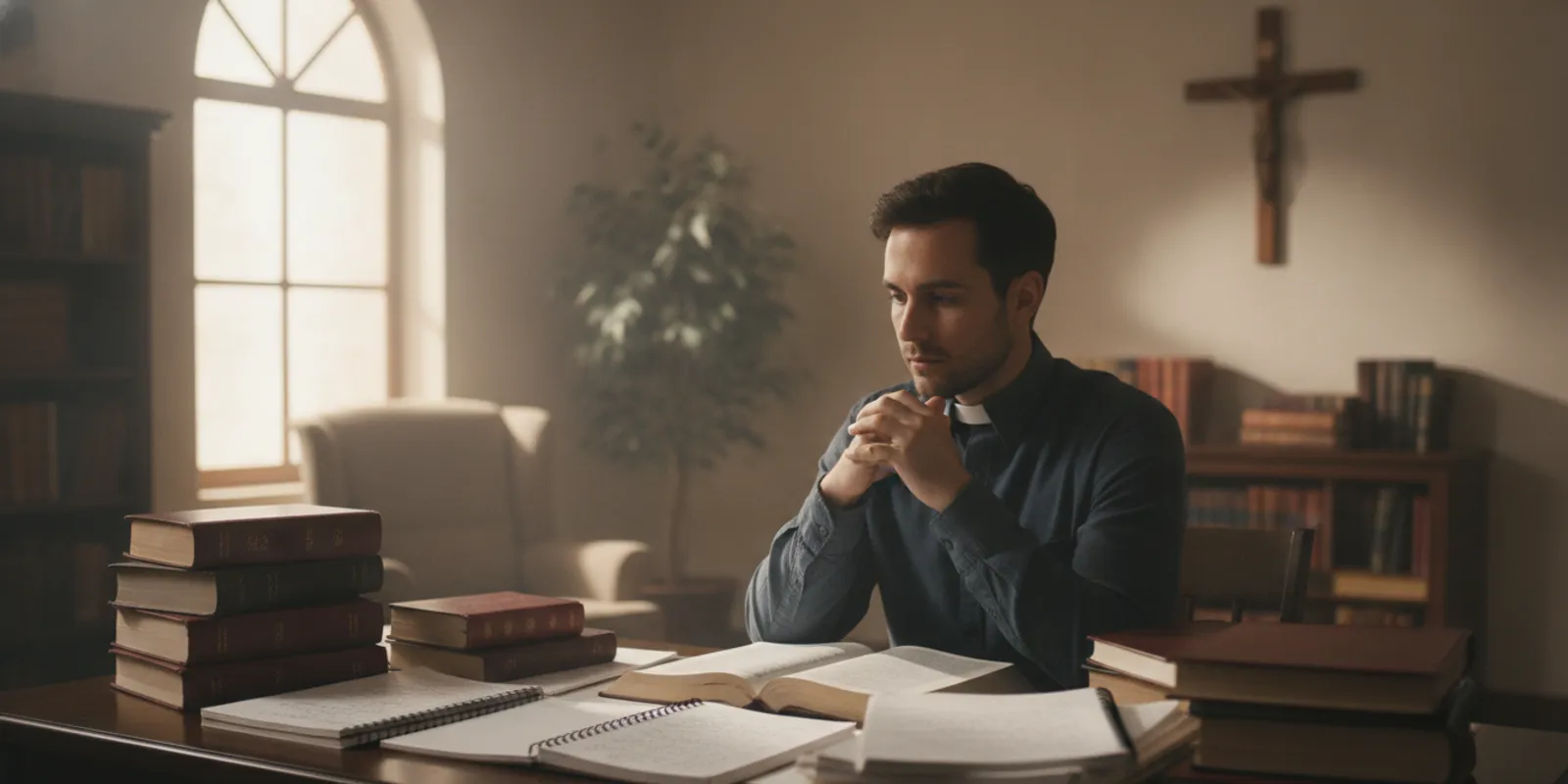 Minister reviewing theological study materials at a desk in a quiet church office
