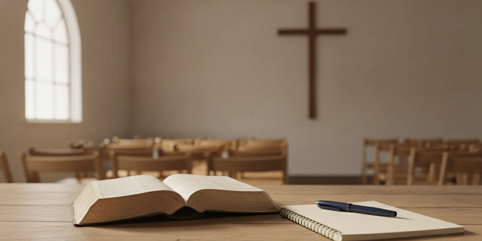 Open Bible and ministry notes on a table in a quiet church room