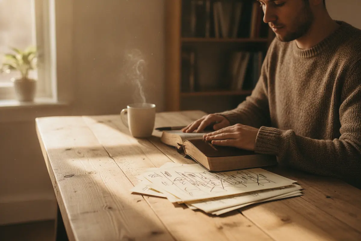 A person reviewing ministry notes and a Bible while preparing to speak with a congregation